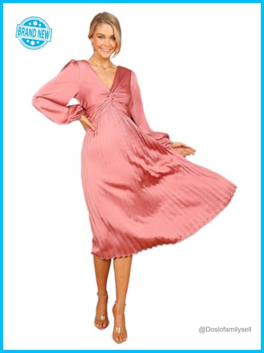 Petal & Pup Noelle Twist Front Pleated Midi Dress Long Sleeve V-Neck Cocktail